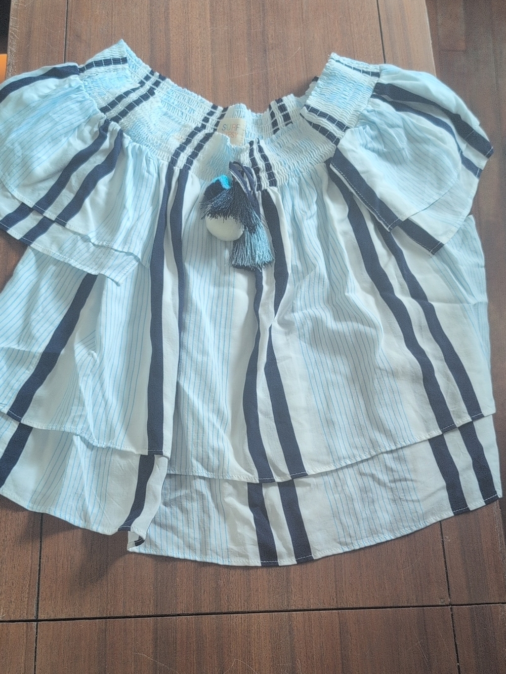 Surf Gypsy Light Blue & Navy Off-Shoulder Striped Blouse with Tassel